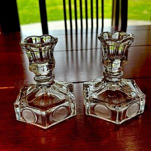 Pair of vintage Fostoria coin-glass candle holders